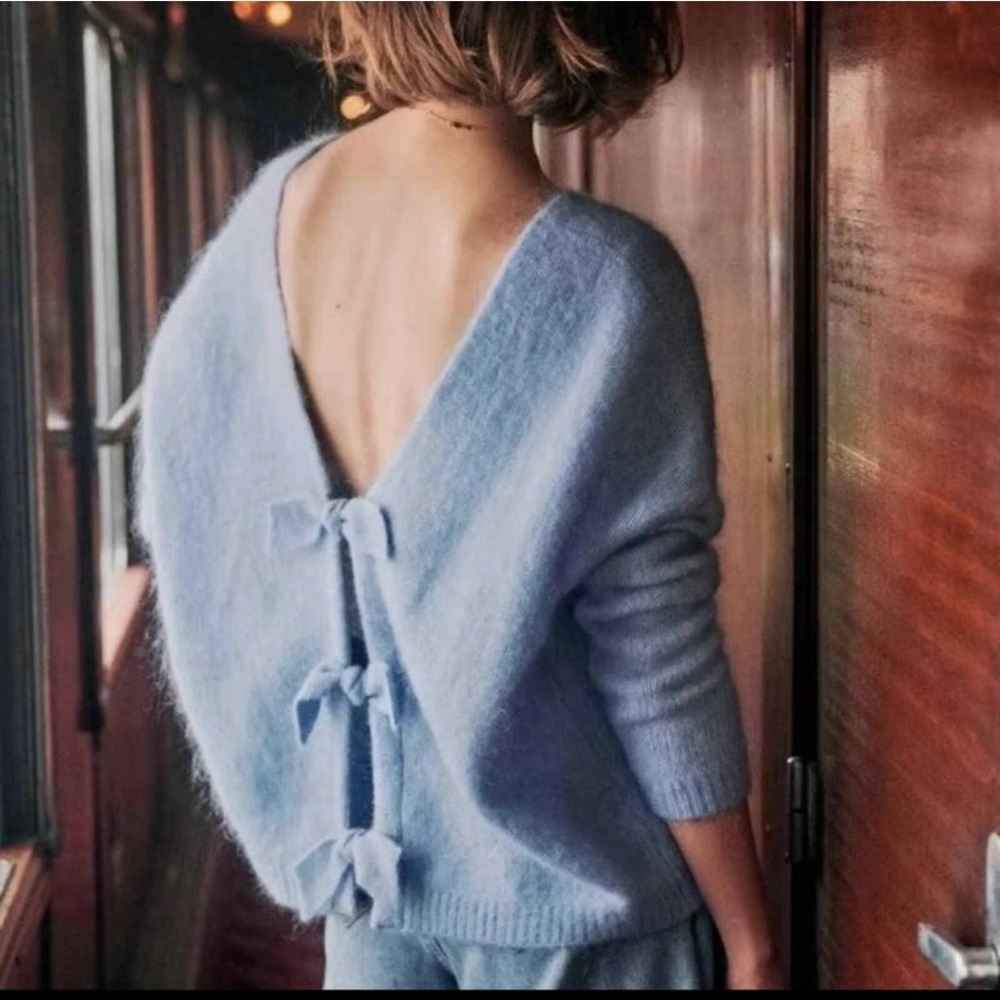 Sezane Aurette Blue Sweater with Bow Details